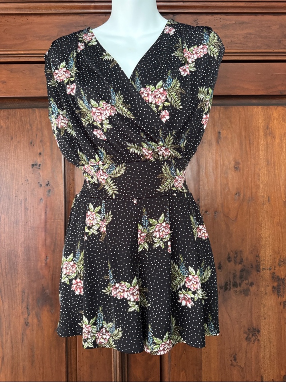 CAbi Black Floral Polka Dot Runaround Romper XS
